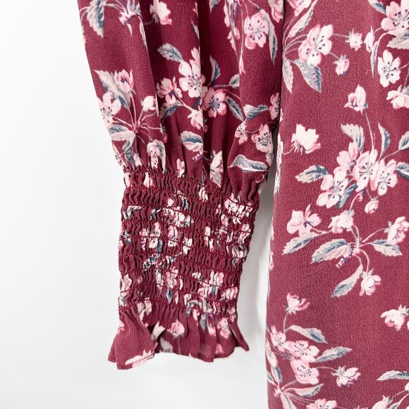 Rebecca Taylor Tilda Floral 100% Silk Ruffle Dress in Burgundy Size 6 - Picture 8 of 14